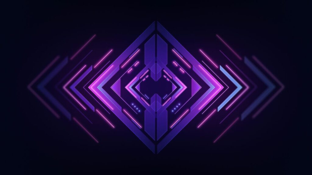 a dark background with a purple geometric design