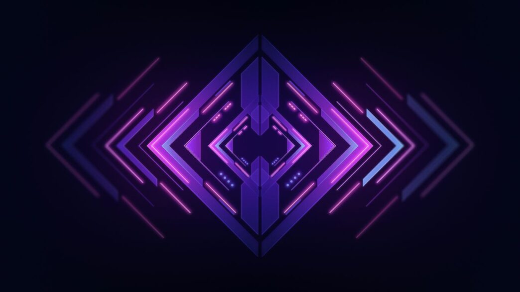 a dark background with a purple geometric design