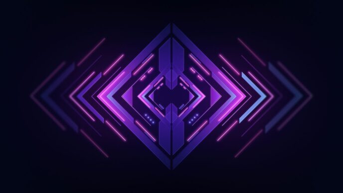 a dark background with a purple geometric design