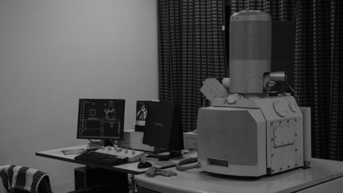 A black and white photo of a computer desk