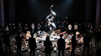 Tech industry fallout aftermath scene with scattered debris.