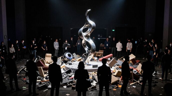 Tech industry fallout aftermath scene with scattered debris.