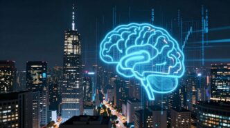 Digital cityscape with AI brain icon and code streams.