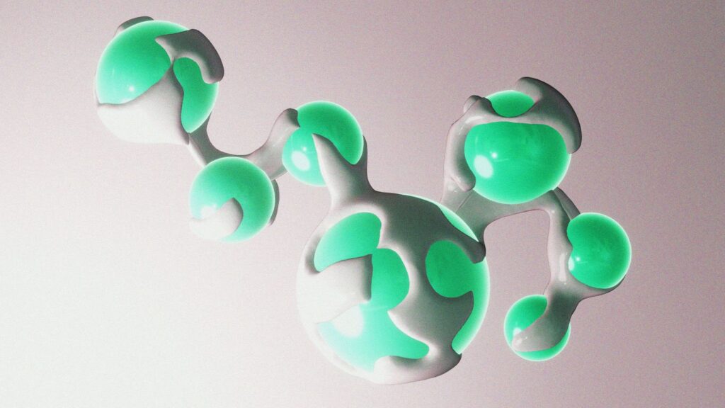 Abstract molecular structure with white and teal spheres.