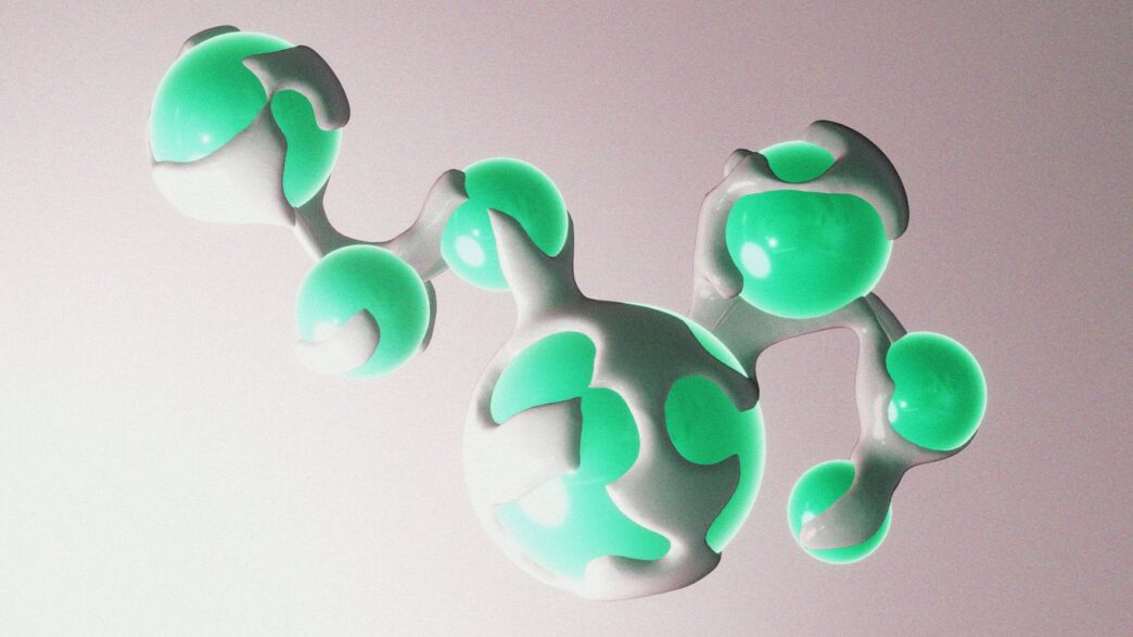 Abstract molecular structure with white and teal spheres.