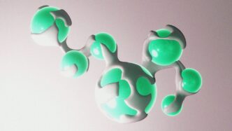 Abstract molecular structure with white and teal spheres.