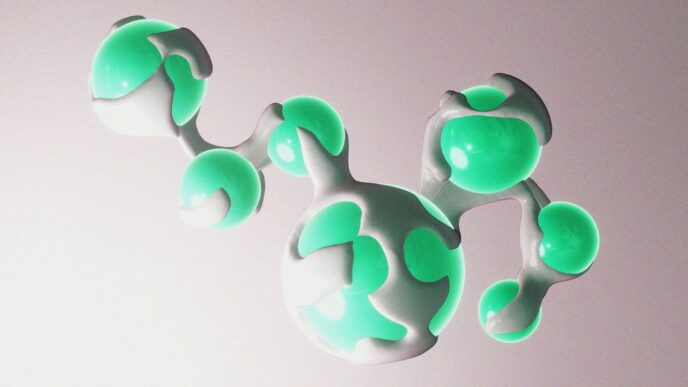 Abstract molecular structure with white and teal spheres.