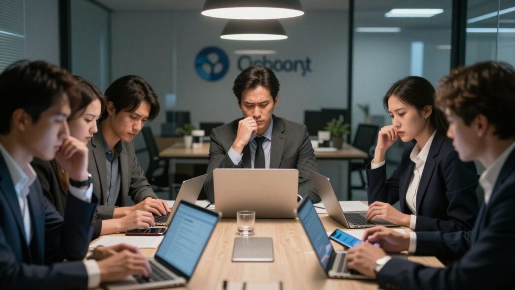 People in tense business meeting, worried expressions, office setting.