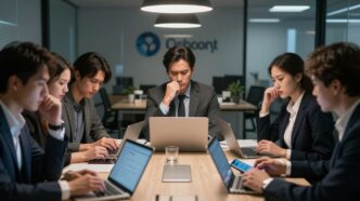 People in tense business meeting, worried expressions, office setting.