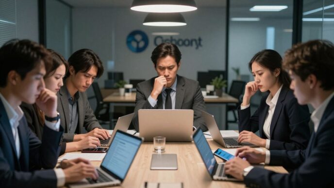 People in tense business meeting, worried expressions, office setting.