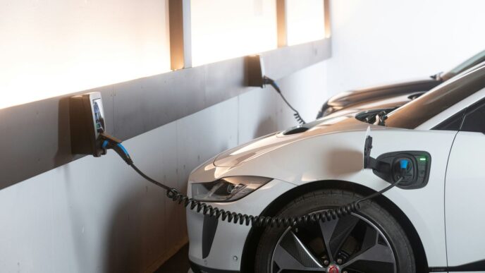 White electric car charging at a station.