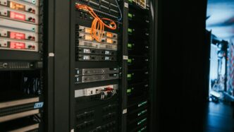 a rack of servers in a server room