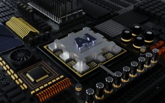 a close up of a computer processor with many components